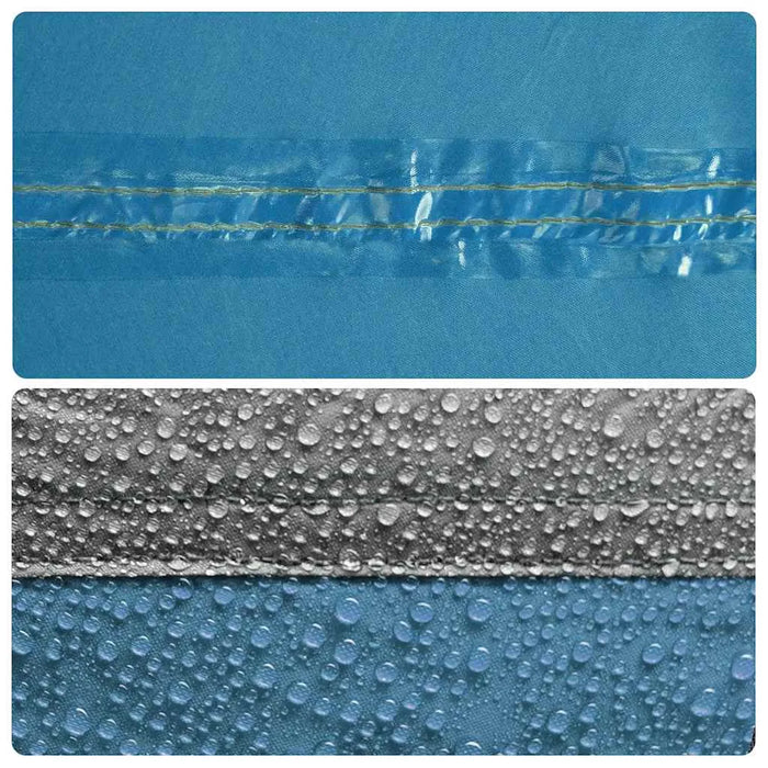 Close-up of blue waterproof tent fabric with taped seams and water droplets