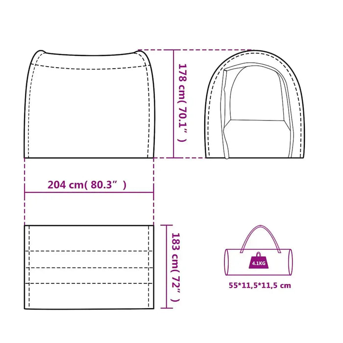 Diagram of waterproof storage tent dimensions and carry bag size with weight illustrated.