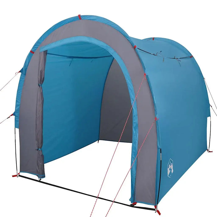 Blue waterproof storage tent with open entrance and red guy ropes for camping