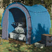Blue waterproof storage tent for camping with gear bags and organiser in grassy outdoor setting