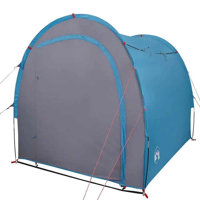 Blue and grey waterproof storage tent with guy lines, ideal for camping organization.