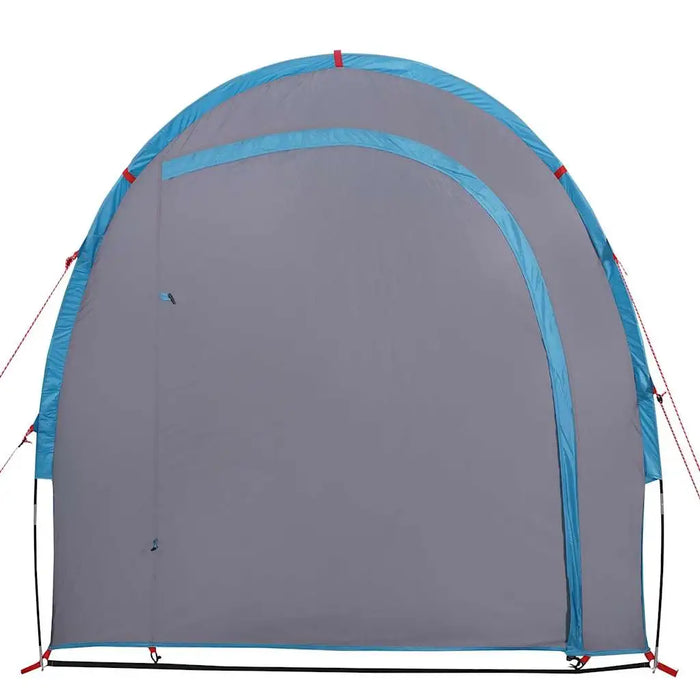 Blue and grey waterproof portable storage tent with zippered entrance and guy lines