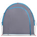 Blue and grey waterproof portable storage tent with zippered entrance and guy lines