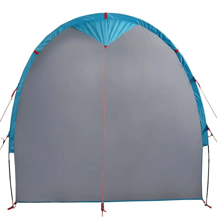 Blue waterproof storage tent with grey front and red guy lines for portable camping