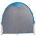 Blue waterproof storage tent with grey front and red guy lines for portable camping