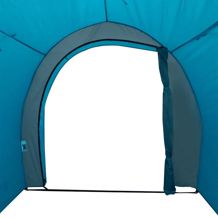 Blue waterproof storage tent with open doorway and roll-up flap for camping or gear storage