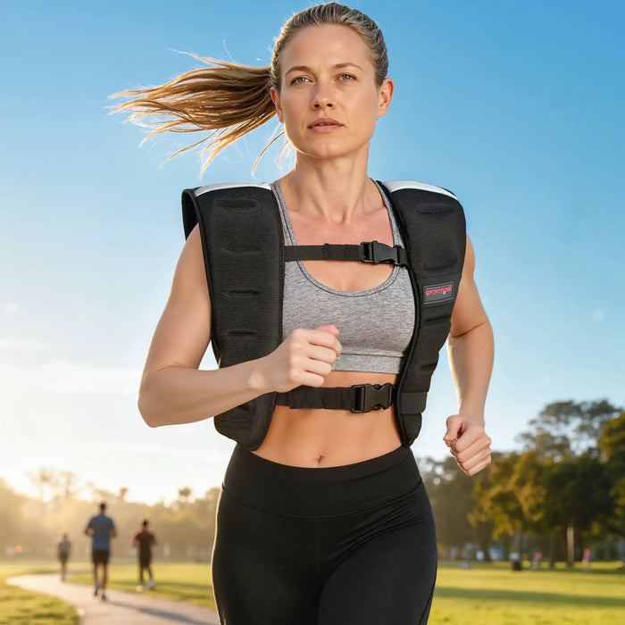 Woman running outdoors wearing a black compression vest with visible branding.