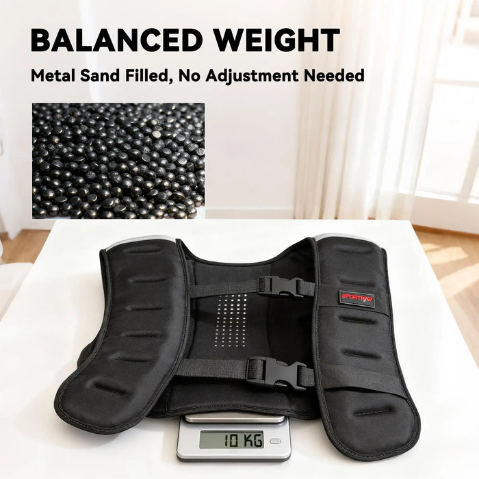 Black weighted vest on a scale with 'Balanced Weight' text and metal sand beads inset.