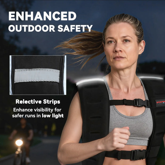 Woman running with a reflective safety vest, highlighting reective strips for enhanced outdoor safety.