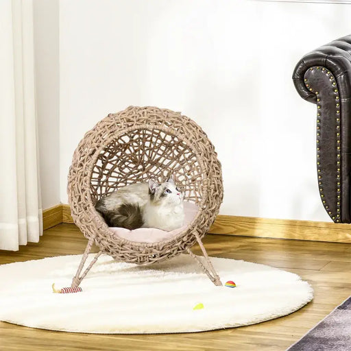 Wicker Cat House – Hand-Woven Rattan Cat Cave | Cushion and Metal Tripod Base PAWHUT - Little and Giant Explorers PawHut