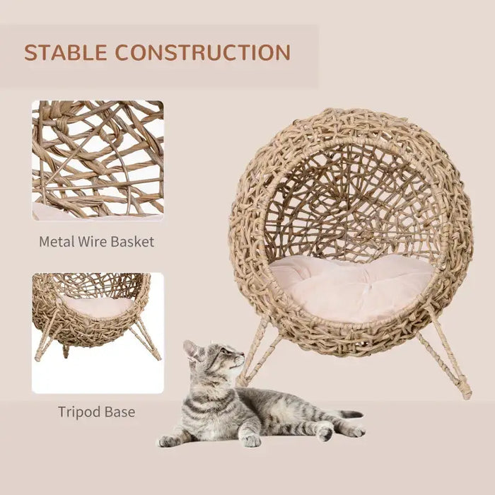 Wicker Cat House – Hand-Woven Rattan Cat Cave | Cushion and Metal Tripod Base PAWHUT - Little and Giant Explorers PawHut