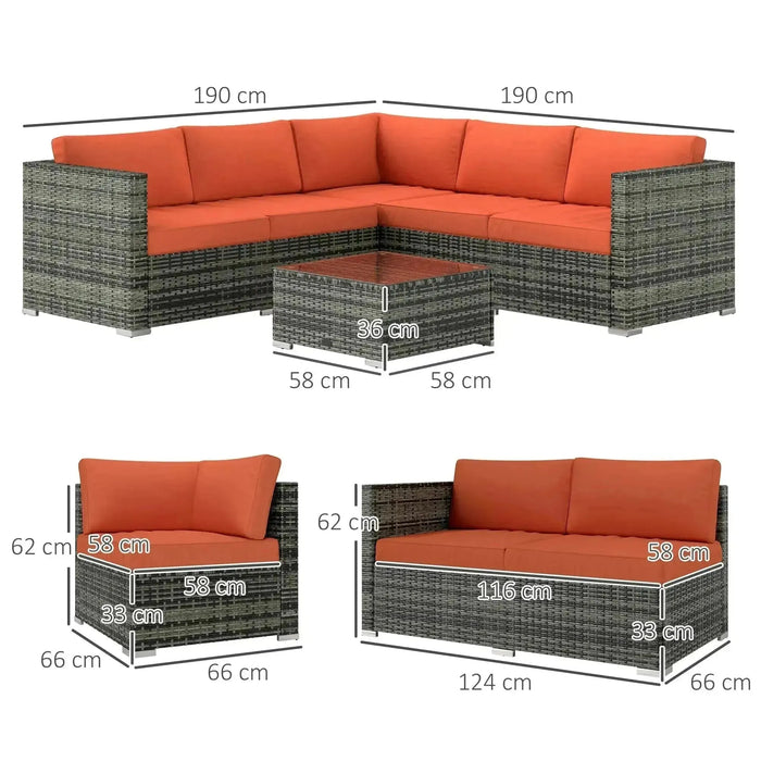 Wicker Outdoor Furniture Set with Corner Sofa Loveseat and Coffee Table with Orange Cushions - Little and Giant Explorers Outsunny