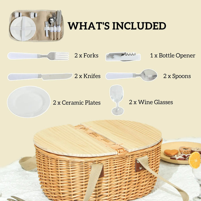 Wicker Picnic Basket for 2 with Pine Wood Lid - Little and Giant Explorers Outsunny