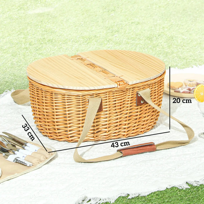 Wicker Picnic Basket for 2 with Pine Wood Lid - Little and Giant Explorers Outsunny