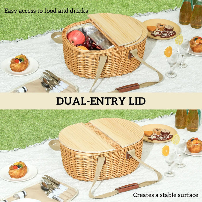 Wicker Picnic Basket for 2 with Pine Wood Lid - Little and Giant Explorers Outsunny