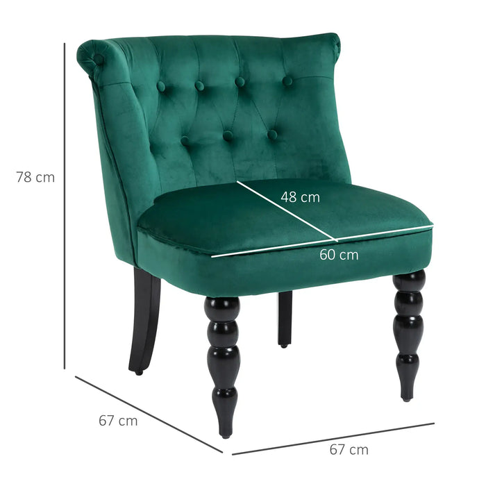 Green velvet chair with dimensions marked on a white background