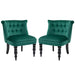 Two green velvet chairs with black legs on a white background