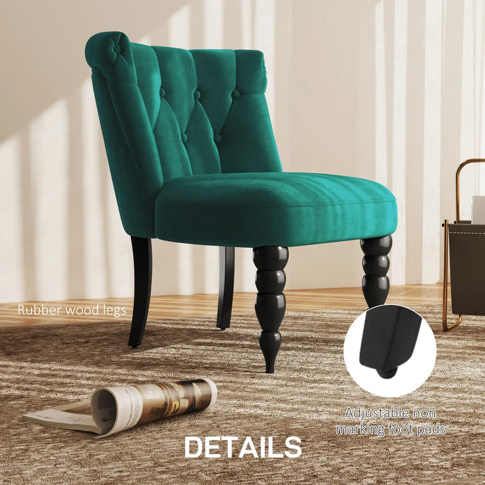 Green velvet chair with black legs on a wooden floor, featuring adjustable foot pads.