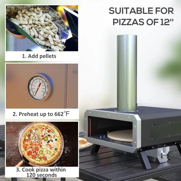 Wood-fired portable rotating pizza oven with chimney, cordierite stone, foldable legs, and cooking instructions.