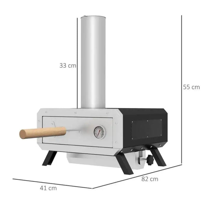 Wood-fired rotating pizza oven with chimney, foldable legs, and built-in thermometer