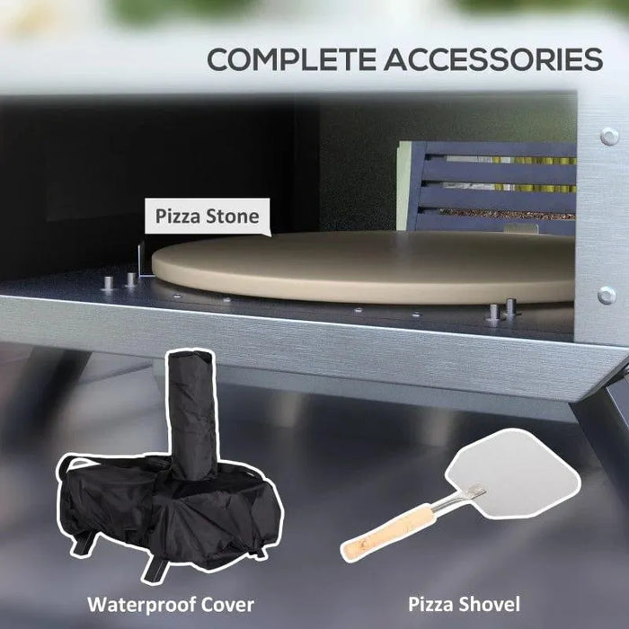 Wood-fired rotating pizza oven with cordierite pizza stone, waterproof cover, and pizza shovel
