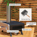 Wood-fired rotating pizza oven with chimney, built-in thermometer, foldable legs, and labeled features outdoors.