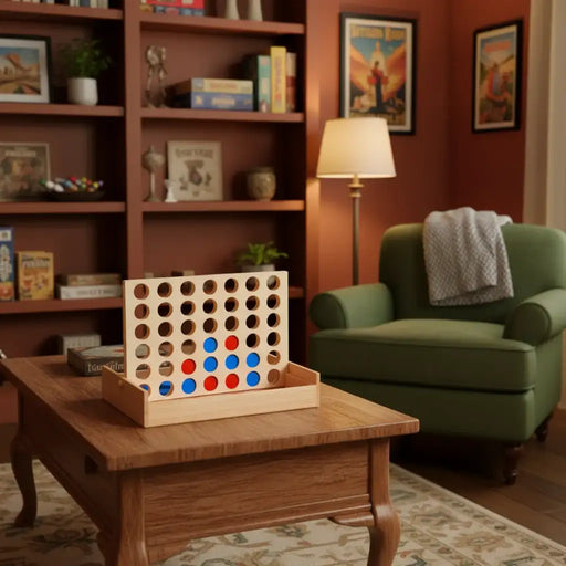 Wooden 4-in-a-row board game on a coffee table in cozy living room with bookshelf.