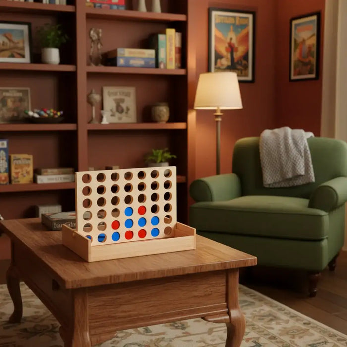 Wooden 4-in-a-row board game on a coffee table in cozy living room with bookshelf.