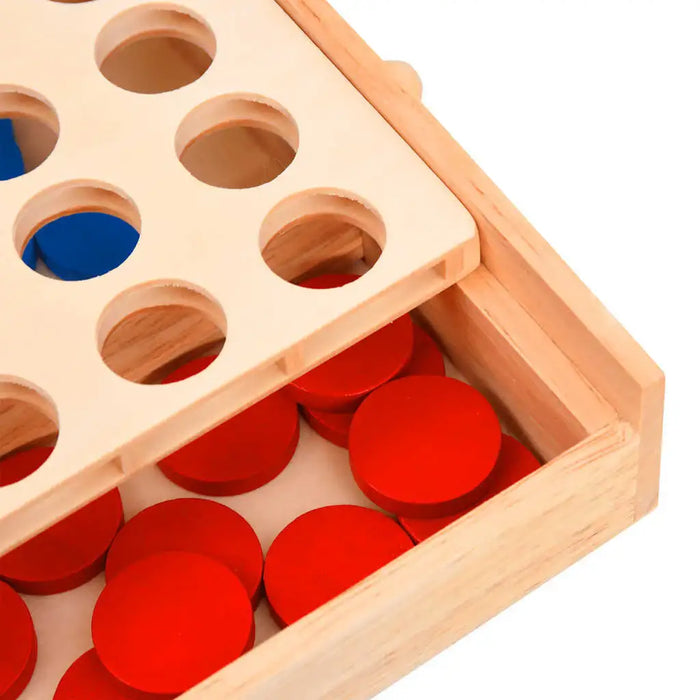 Wooden 4 in a row travel game with red and blue chips in a foldable box
