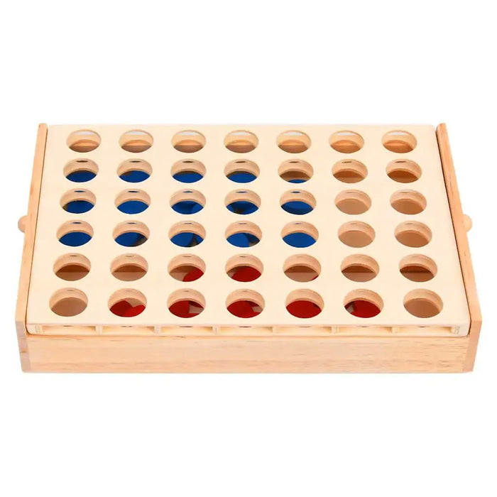 Wooden 4 in a row strategy game with red and blue discs, foldable travel edition.