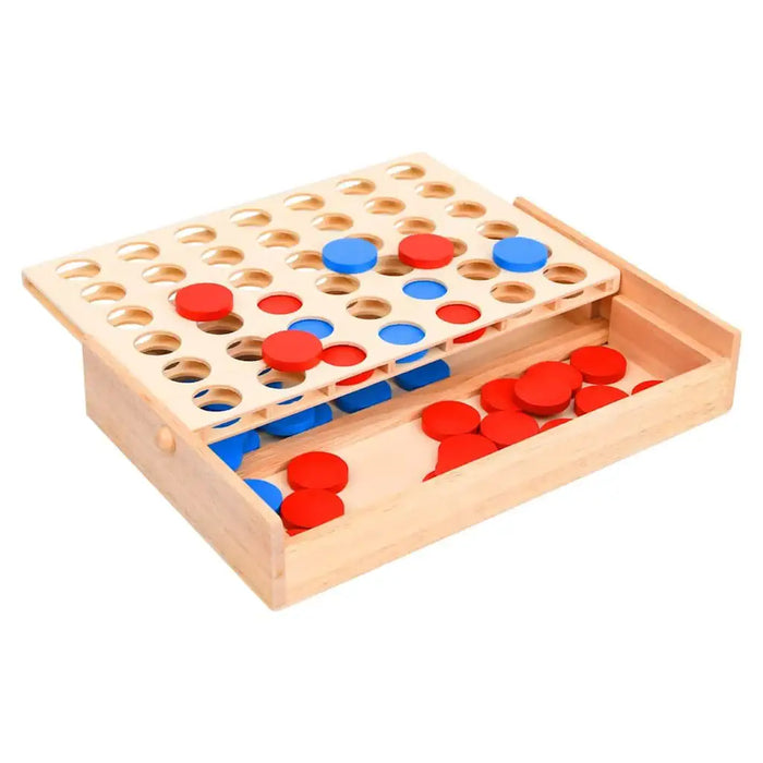 Wooden 4-in-a-row strategy game with red and blue tokens in a foldable travel case