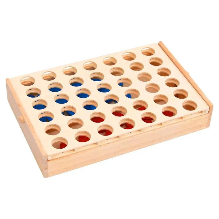 Wooden 4 in a row strategy game with red and blue pieces in a foldable travel case