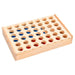 Wooden 4 in a row strategy game with red and blue pieces in a foldable travel case