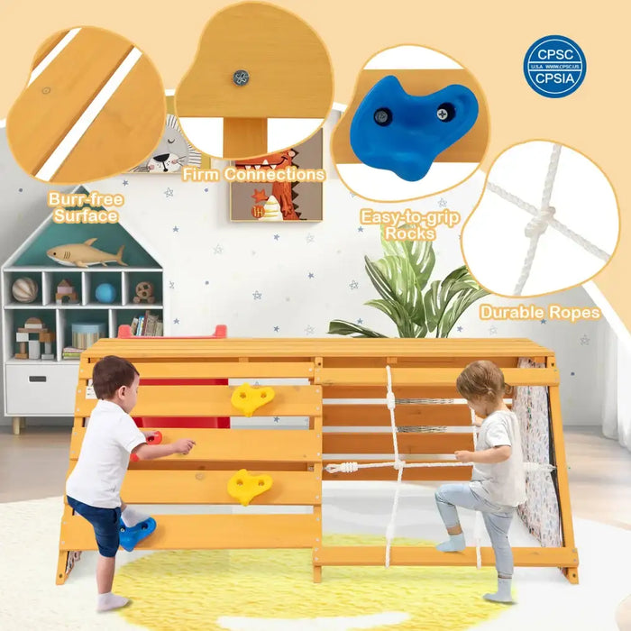 Wooden 5-in-1 Climbing Playset – Montessori Jungle Gym | Slide, Climbing Wall and Rope Climber COSTWAY - Little and Giant Explorers Costway