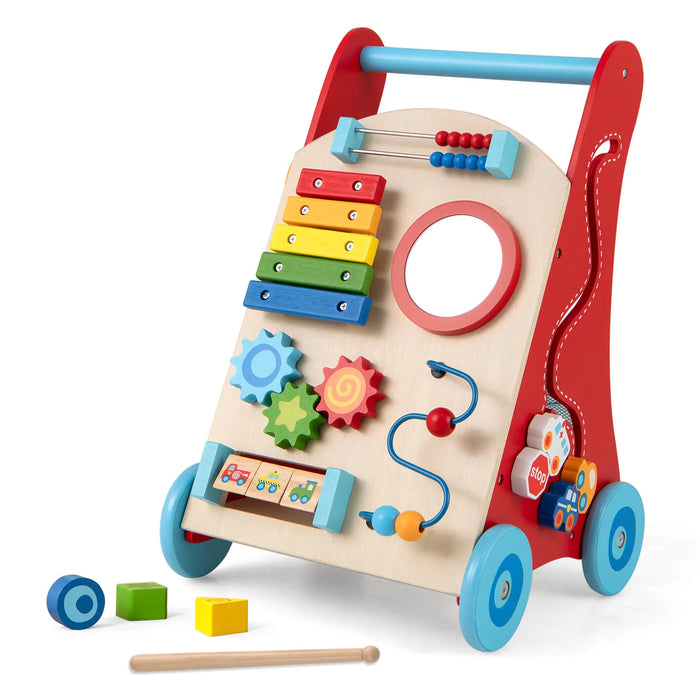 Wooden Activity Walker for Toddlers with Mirror and Wheels - Little and Giant Explorers Costway