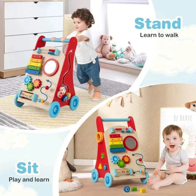 Wooden Activity Walker for Toddlers with Mirror and Wheels - Little and Giant Explorers Costway