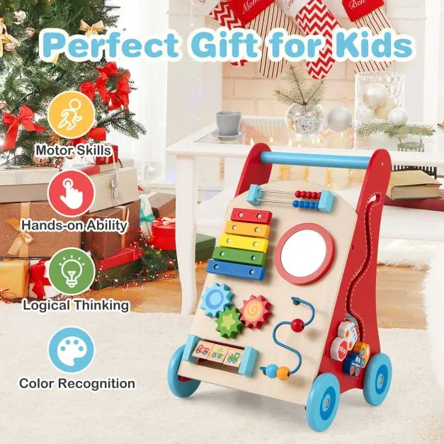 Wooden Activity Walker for Toddlers with Mirror and Wheels - Little and Giant Explorers Costway