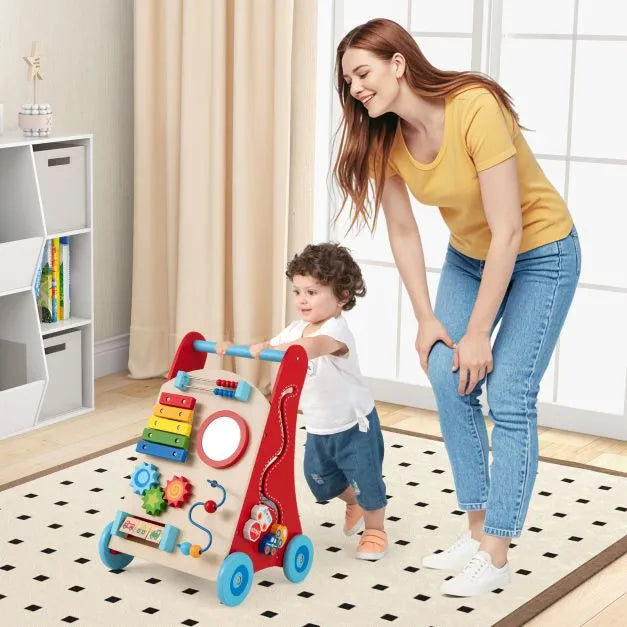 Wooden Activity Walker for Toddlers with Mirror and Wheels - Little and Giant Explorers Costway