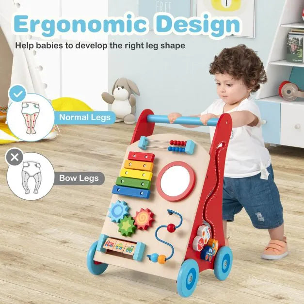 Wooden Activity Walker for Toddlers with Mirror and Wheels - Little and Giant Explorers Costway