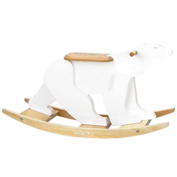 Wooden rocking polar bear toy with natural wood seat for babies and toddlers
