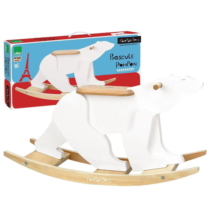 Wooden polar bear rocking toy for babies by Vilac, with box in background