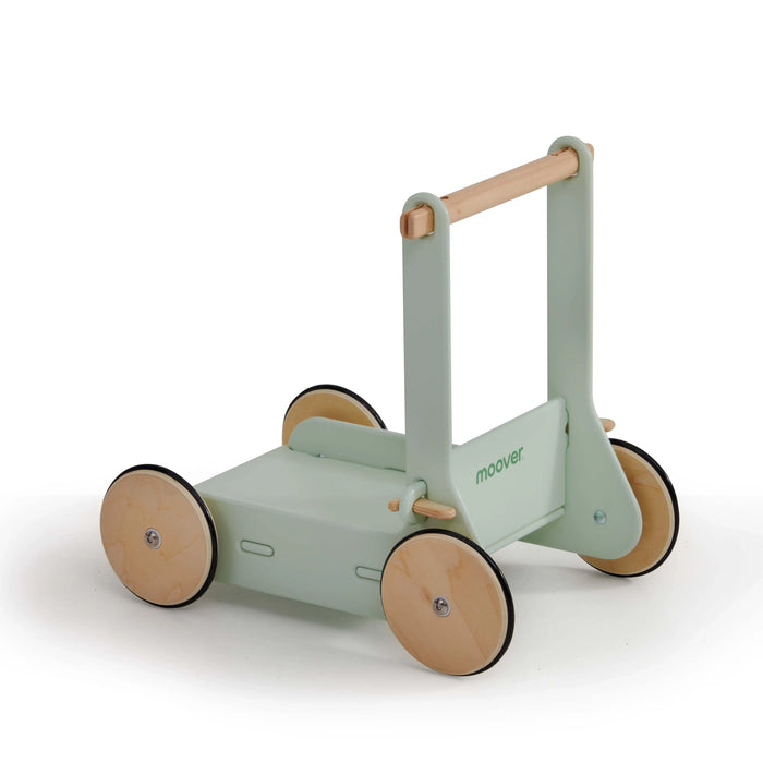 Eco-friendly green wooden baby walker with four wheels and natural wood handle