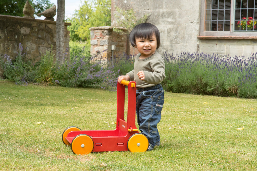 Baby with eco-friendly wooden walker on grass, outdoor garden, Moover brand