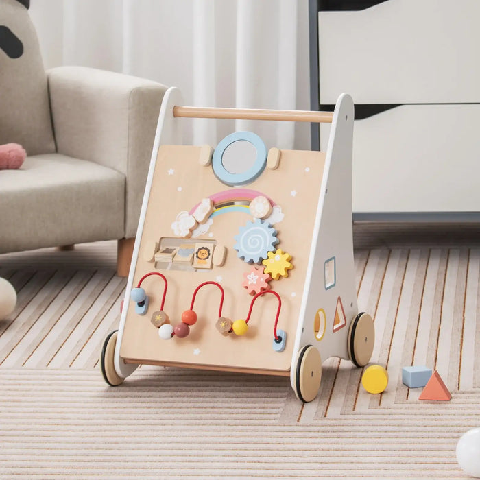Wooden Baby Walker – White and Natural | Multi-Activity Push Along COSTWAY - Little and Giant Explorers Costway