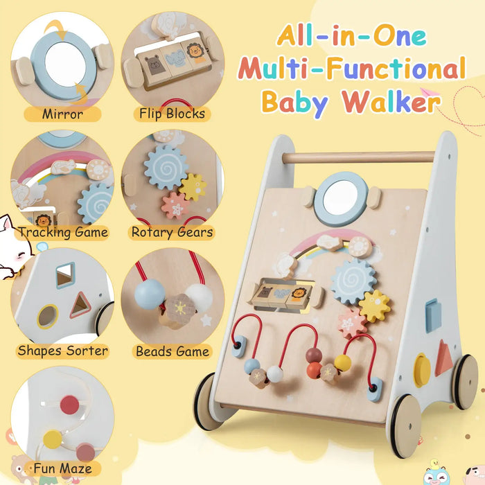 Wooden Baby Walker – White and Natural | Multi-Activity Push Along COSTWAY - Little and Giant Explorers Costway