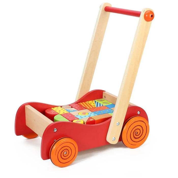 Wooden baby walker with colorful building blocks and orange wheels, learning toy.