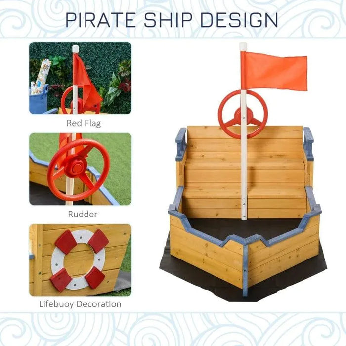 Wooden boat sandbox with red flag, rudder, and lifebuoy, pirate ship design