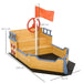 Wooden boat sandbox with storage bench, steering wheel, red flag, and nautical features.