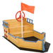 Wooden boat sandbox with red flag, steering wheel, bench seat, and nautical details.