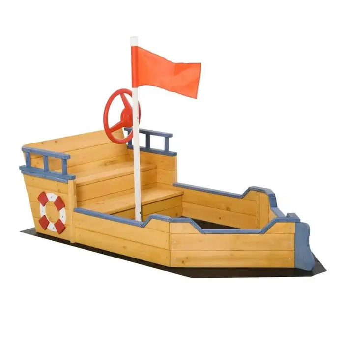 Wooden boat sandbox with red flag, nautical features, and storage bench